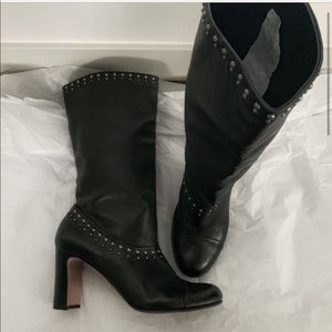 Prada Black Studded Leather Mid Calf Boots
